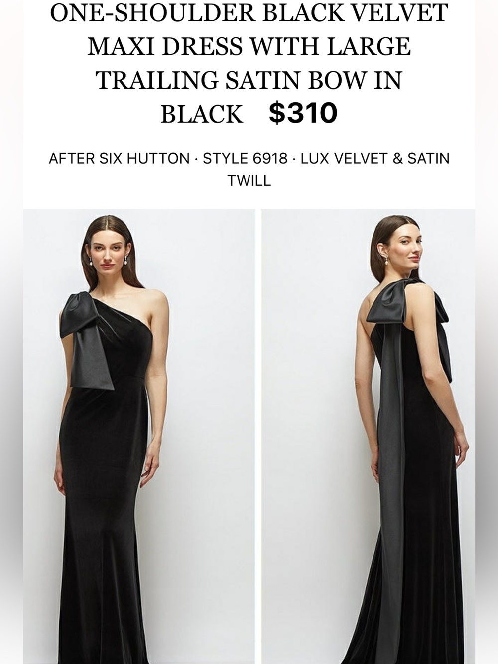 After Six Black One-Shoulder Velvet Gown with Satin Bow
